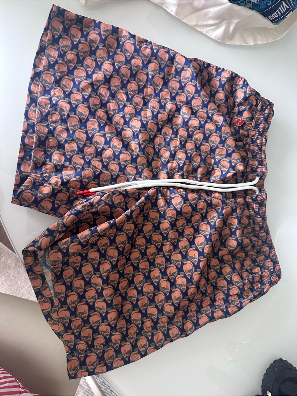 kitson Navy and Peach Geometric Swim Trunks